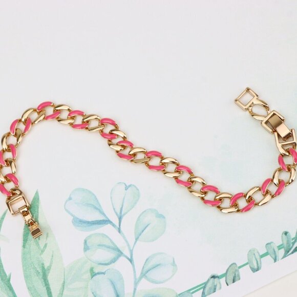 "Rose Gold Pink Enamel Chain Link Bracelet, Bold and Trendy Design, XPBL0757 - Picture 11 of 12
